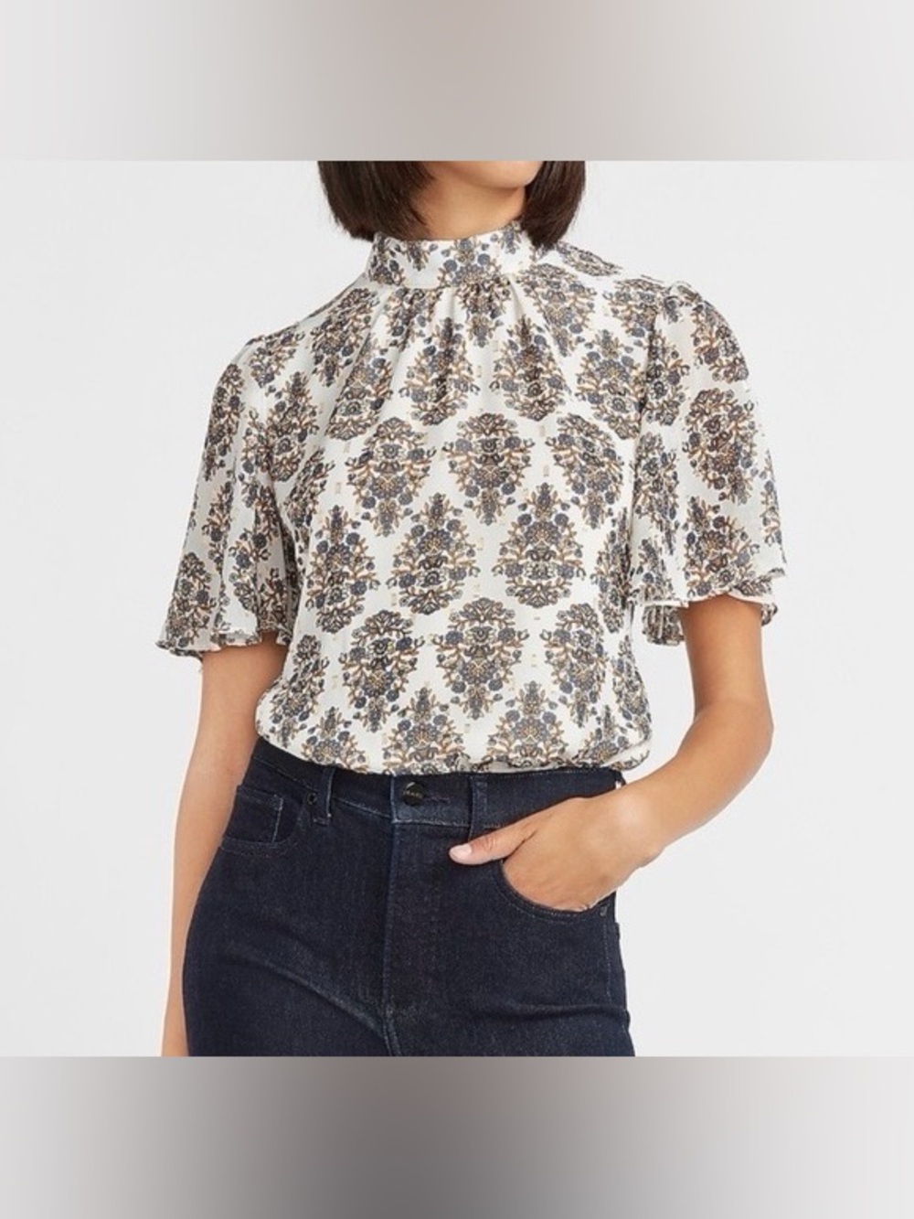 Women’s Express Mock-Neck Metallic Paisley Tie Back Top - Size L